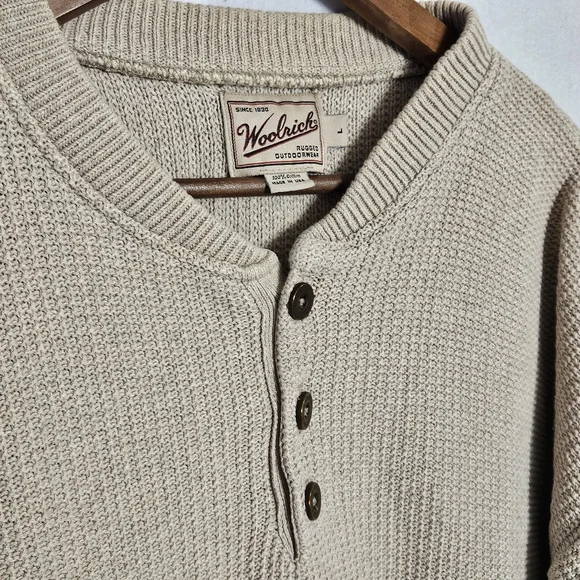Vintage 90s Woolrich Hand Framed Button Henley Tan Sand Sweater Mens Large - Picture 3 of 13